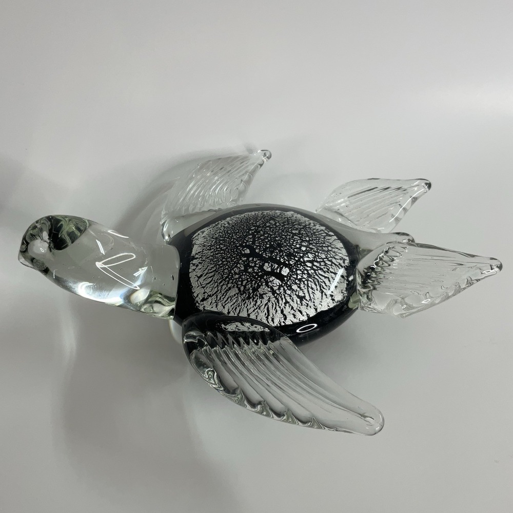 Art Glass Hand Blown Sea Turtle Silver Aventurine Black Clear Glass Ocean Marine